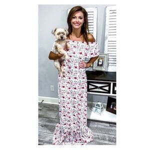 Busy Bees Smocks White&Pink Floral Off The Shoulder Maxi Dress Sz.L NWT